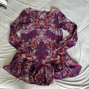 Free People Purple and Red Floral Top Dress Long Sleeve Ruffle Detail